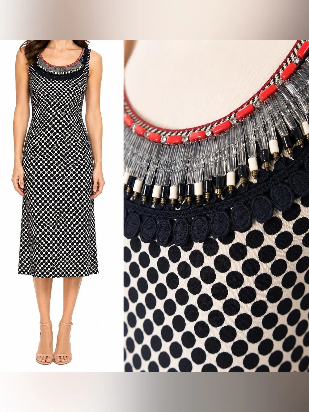 Tory Burch Silk Beaded Polka Dot Midi Cocktail Dress Cream Navy Medium